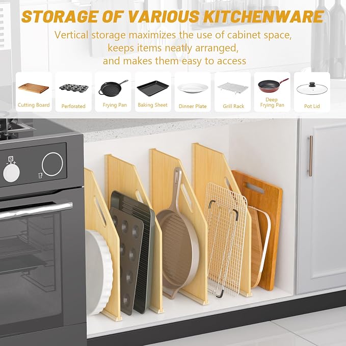 4 Pack Wood Tray Dividers For Cabinets, Adjustable Vertical Cookie Sheet Organizer for cabinet, Tray Dividers Organizer For Pots, Cutting Board, Pans, Lids, Baking Sheets And More - Image 6