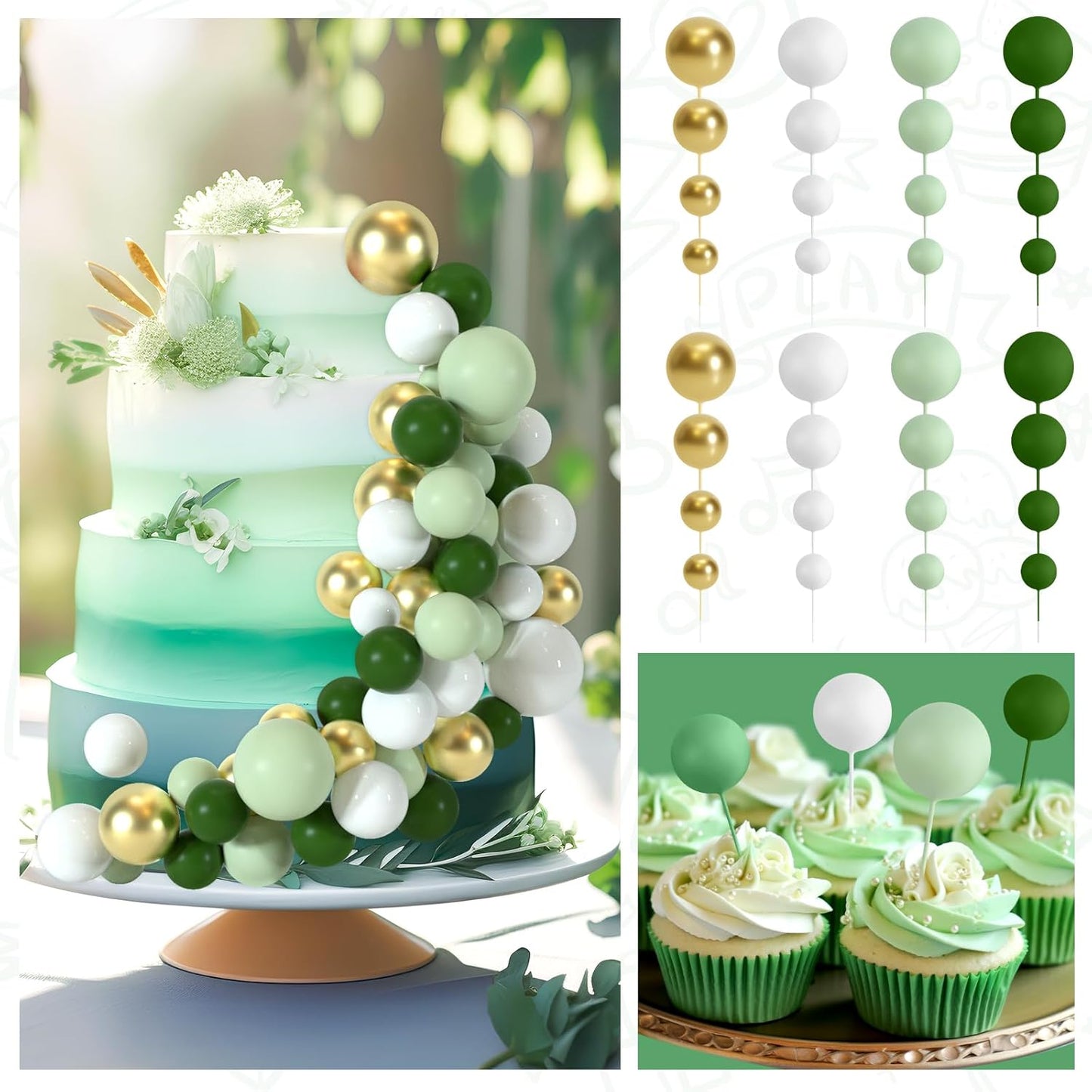 48 Pcs Cake Topper Decorations - Balloon Cupcake Toppers, Foam Balls for Birthday Party Wedding Cake Decorating (Green, Light Green, White, Gold)