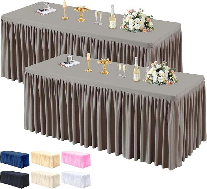 PARTISKY 2 Pack Natural Tablecloths for Rectangle Tables 6ft, Wrinkle Resistant Spandex Table Cover Fitted Stretch Table Cloth with Pleated Ruffle Skirts for Party Banquet Dining Birthday Wedding by Partisky