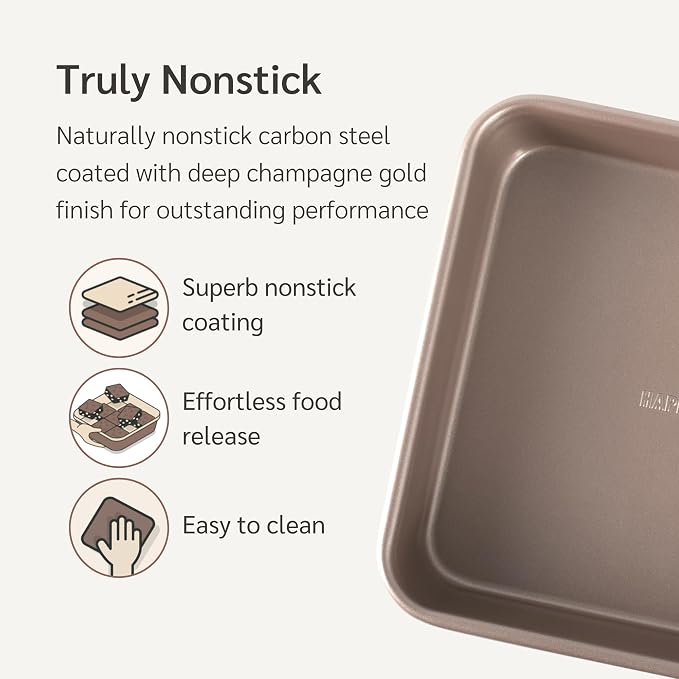 HAPPIELS 9 x 9 inch Square Baking Pan Nonstick, PFOA & BPA Free | | Non-Toxic - High Carbon Steel - Gold - Cake & Brownie Mold - Image 2