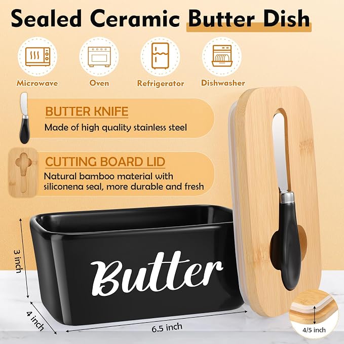 Hushee Metal Bread Container Butter Dish with Bamboo Lid Knife,Black | Butter Tray with Spreader Knife, Bread Box Bamboo Board Top, Storage Organizer for Kitchen Countertop Decor Keeps Fresh - Image 3