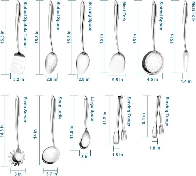 304 Stainless Steel Cooking Utensils Set for Kitchen Utensils Set with Holder, 12 PCS Large Metal Cooking Utensil Tools Set with Holder,Fork,Spatulas,Spoons,Skimmer,Ladle,Tong - Image 2