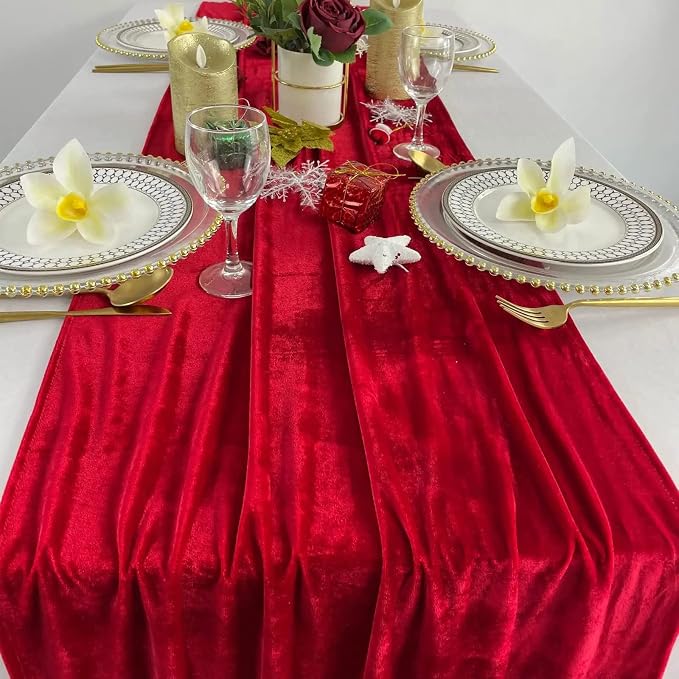 Luxurious Velvet Table Runner, 10ft Wedding Reception Decorations, 20x120inch Soft Velvet Fabric, Table Linen Overlay, Wedding Table Runners (Red, 20X120inch, 5pack) - Image 4