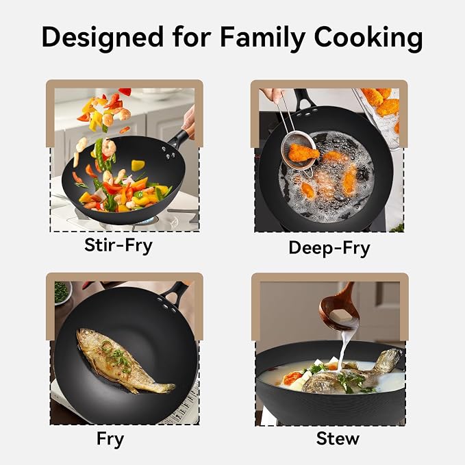 WANGYUANJI 11.8" High Purity Iron Wok Pan,Flat Bottom Stir Fry Pan for Electric,Induction & Gas Stoves,No Chemical Coating Carbon Steel Alternative,Traditional Hand-Hammered Skillet for Cooking - Image 4