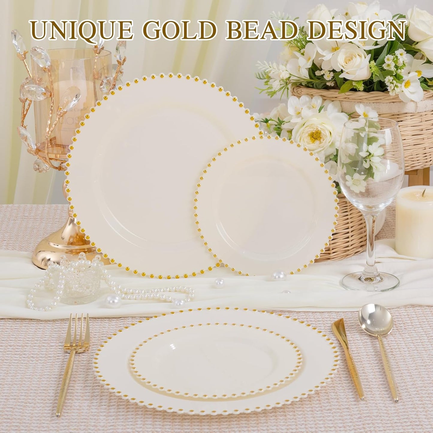 supernal 100pcs Ivory Plastic Plates with Gold Beads - Heavy Duty Elegant Disposable Plates Set Include 50 Cream Plastic Dinner Plate and 50 Dessert Plate Perfect for Wedding, Birthday & Party