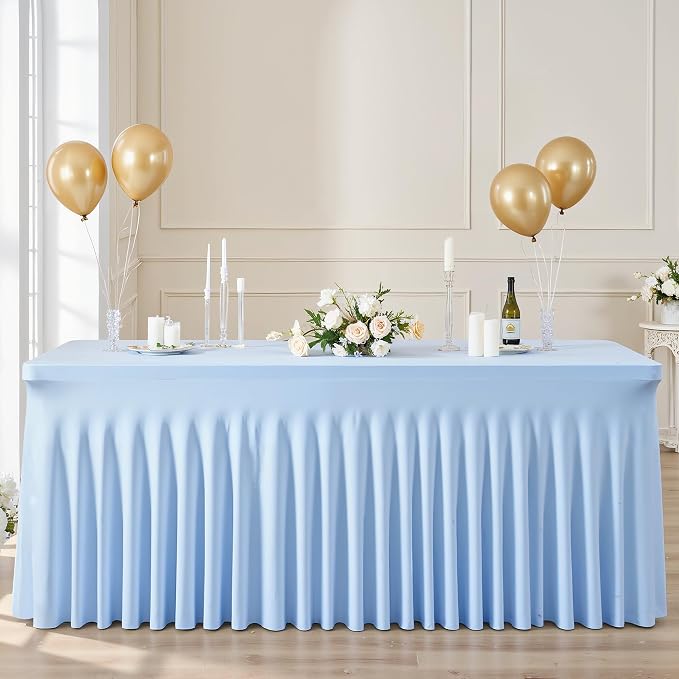 6 Pack 8ft Baby Blue Spandex Table Cloths for Rectangle Tables Wrinkle Free Rectangle Tablecloths, Stretch Fitted Table Cover with Skirt for Baby Shower Boy Birthday Party Wedding Banquet Buffet - Image 7