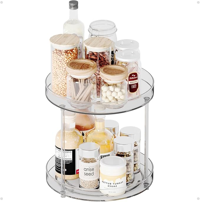 2 Tier Lazy Susan 9 Inch, Turntable Round Plastic Clear Acrylic Organizer Organiztion Storage Container Bins, Rotating Spice Rack, Closet by ZenStorage
