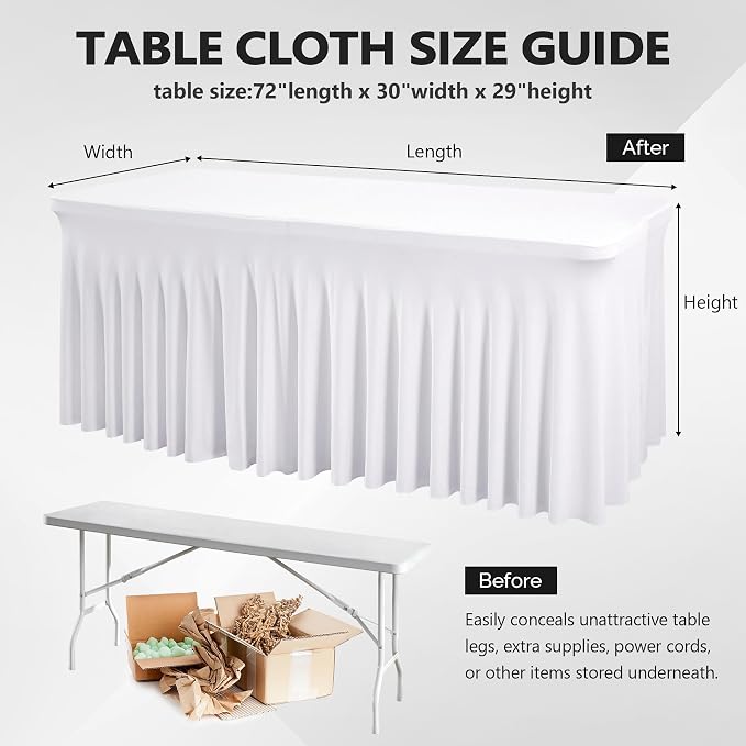 Wish Care 2 Pack White Spandex Table Clothes for 6 Foot Rectangle Tables, 6FT Wrinkle Free Fitted Tablecloths Ruffles Design Table Cover for Party, Banquet, Wedding and Events - Image 3