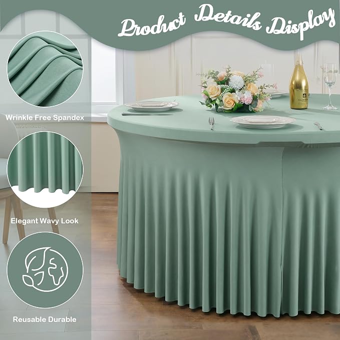 6 Pack Spandex Sage Green Round Tablecloths for 60in Tables-Stretchy 120inch Fitted 5FT Round Table Cloths-Wrinkle Free Table Cover with Skirt for Wedding Birthday Party Bridal Shower Banquet - Image 3