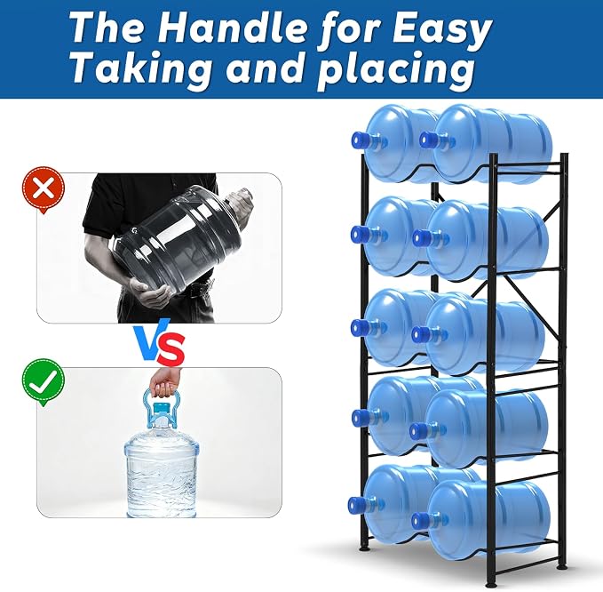 5 Gallon Water Bottle Holder for 10 Bottles, 5 Tiers Row Water Jug Rack | with Detachable Heavy Duty Metal Frame, Space Saving Water Jug Stand for Office, Kitchen, Garage, Gym, and Restaurant - Image 6