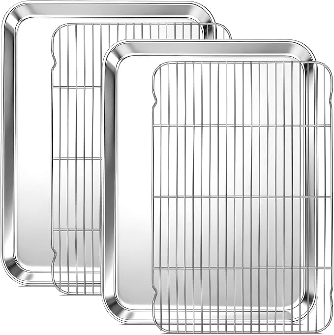 Onader Large Baking Cookie Sheet with Cooling Rack Set, Stainless Steel Baking Sheet Pan, 19⅝ x 13¾ Inch Metal Oven Baking Tray, Nonstick & 1 Inch Deep, 2-Pack (Includes 2 Pans + 2 Racks) by Onader
