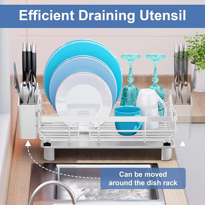 MOUKABAL Dish Drying Rack with Drainboard for Kitchen Counter, White - Image 5