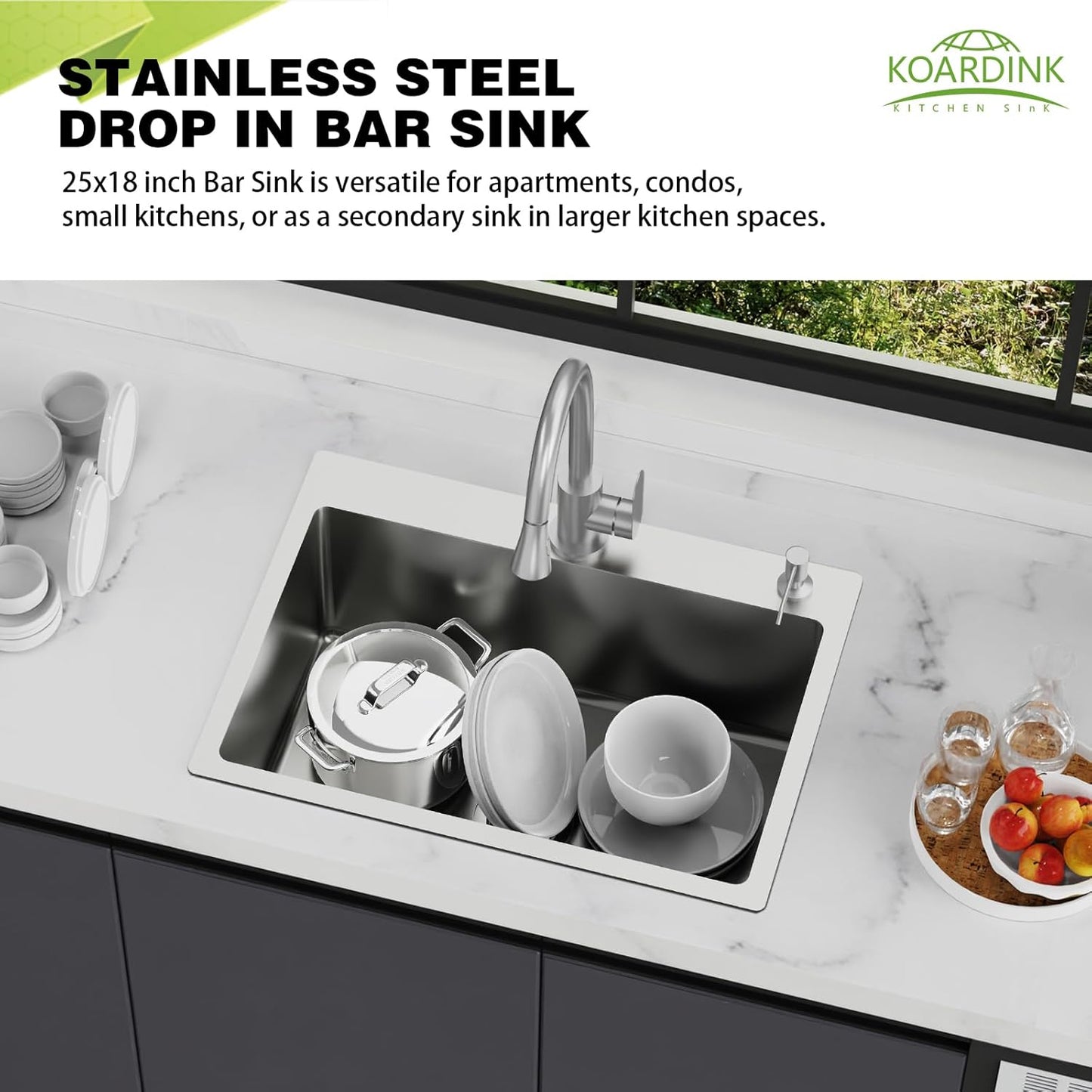 25x18 Inch Kitchen And Bar Sink - Stainless Steel Drop In Single Bowl Topmount Modern Kitchen And Bar Sink With Spoon Rest,Drain Strainer Set Compatibility With Various Kitchen&Bar Style