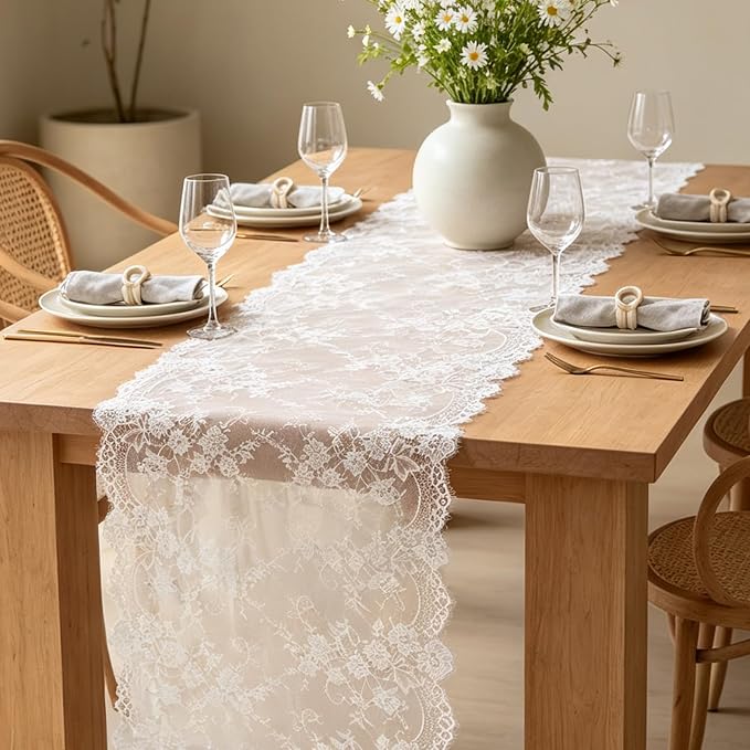 12 Pcs White Lace Table Runner 30x120 Inch Boho Lace Tablecloth by Unknown
