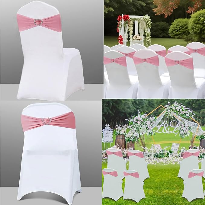 Dusty Pink Chair Sashes 50 Pack Spandex Pink Sashes for Chairs Covers Universal Stretch Chair Sashes Band with Heart Buckle Slider for Wedding Banquet Party Decorations - Image 5