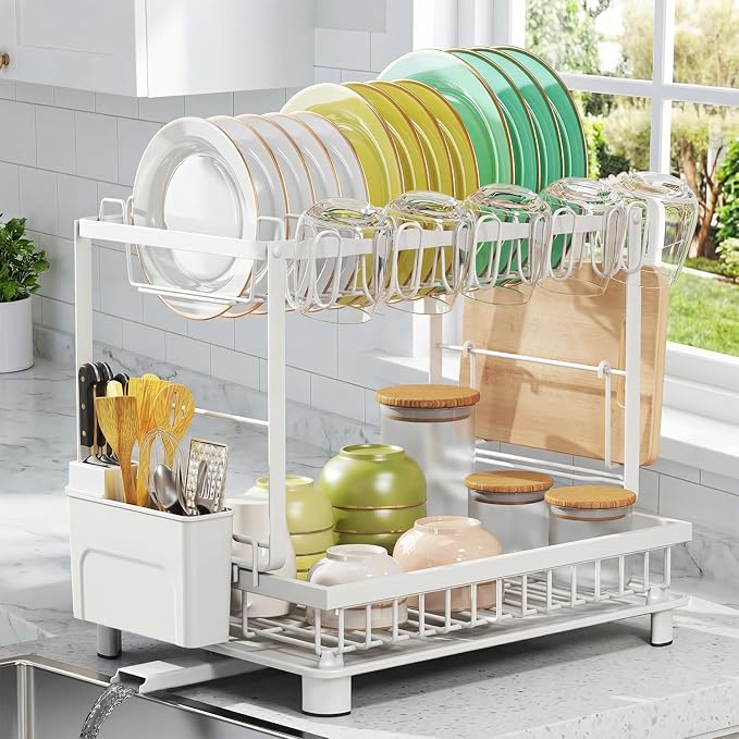 2-Tier Dish Drying Rack for Kitchen Counter, Space-Saving, White - Image 8