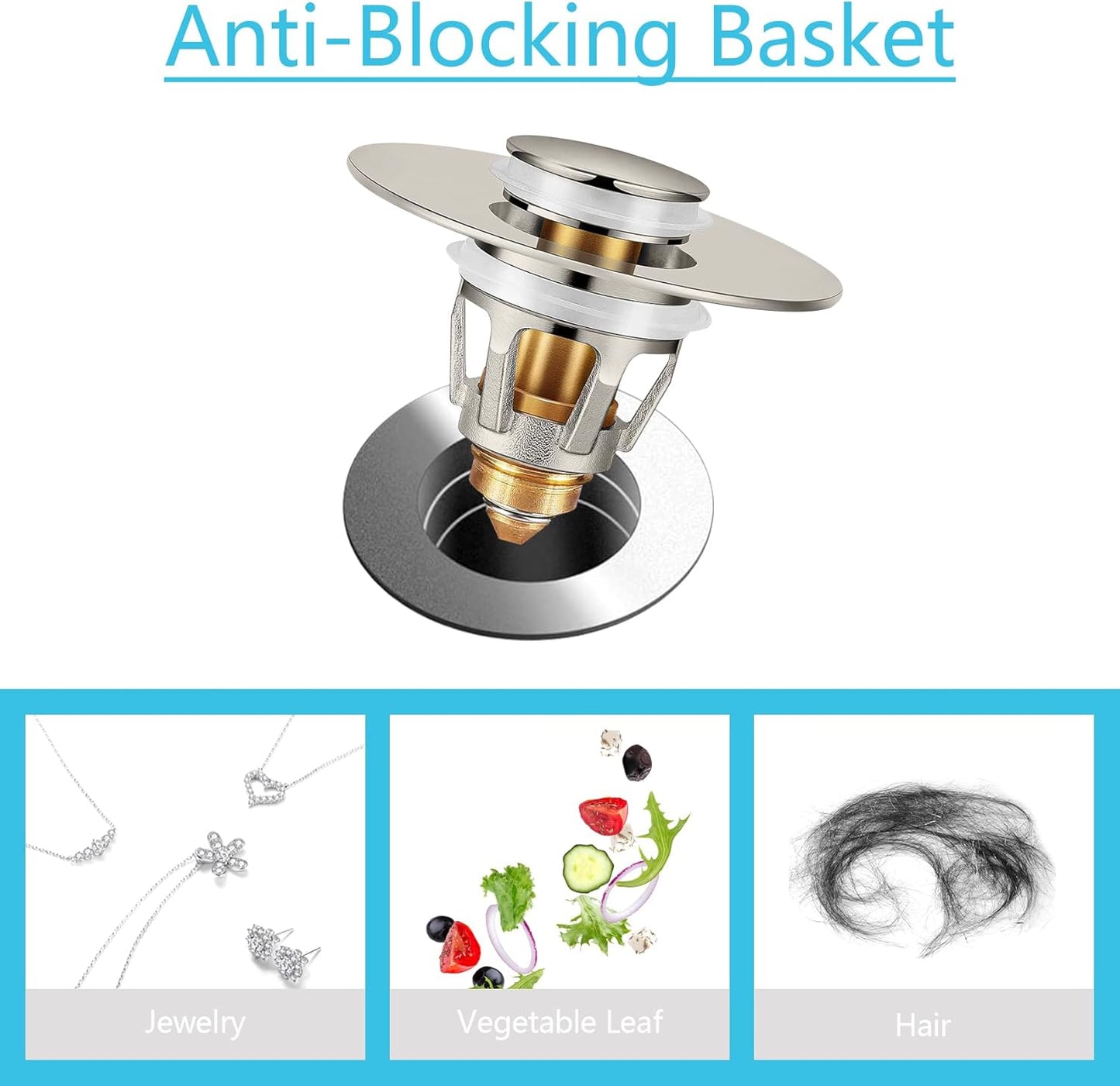 Universal Bathroom Sink Stopper in Brass, 1.04-1.97 Inch Pop Up Basin Sink Drain Stopper, Sink Drain Strainer with Anti Clogging Filter Hair Catcher, Brushed Nickel