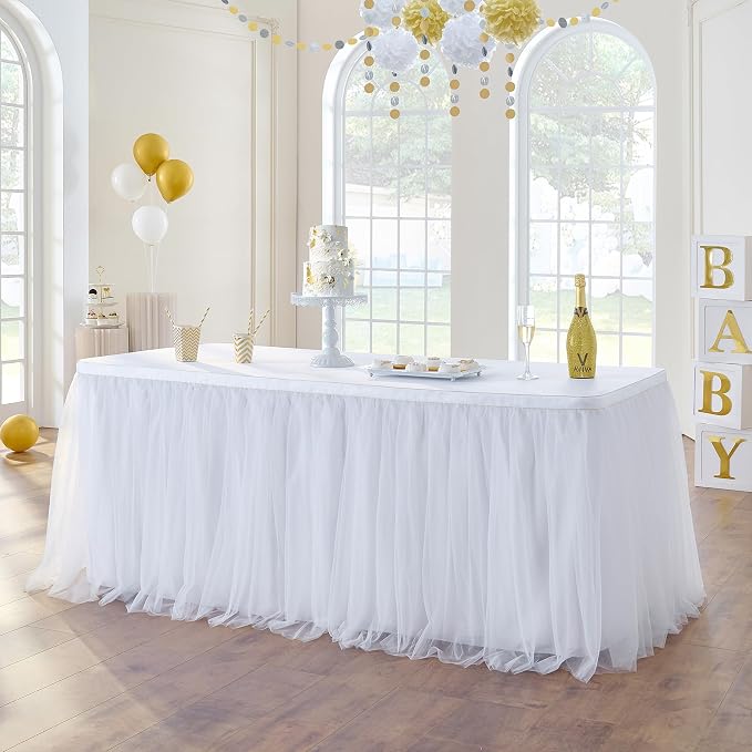 204in White Tulle Table Skirts for Rectangle Tables 6ft 8ft, 2-Layer Gold Grim Ruffle Tulle Tutu Cloth Table Skirt 17ft Long for Wedding Birthday Party Baby Shower Cake Dessert Tables(No Table Cover) - Image 4