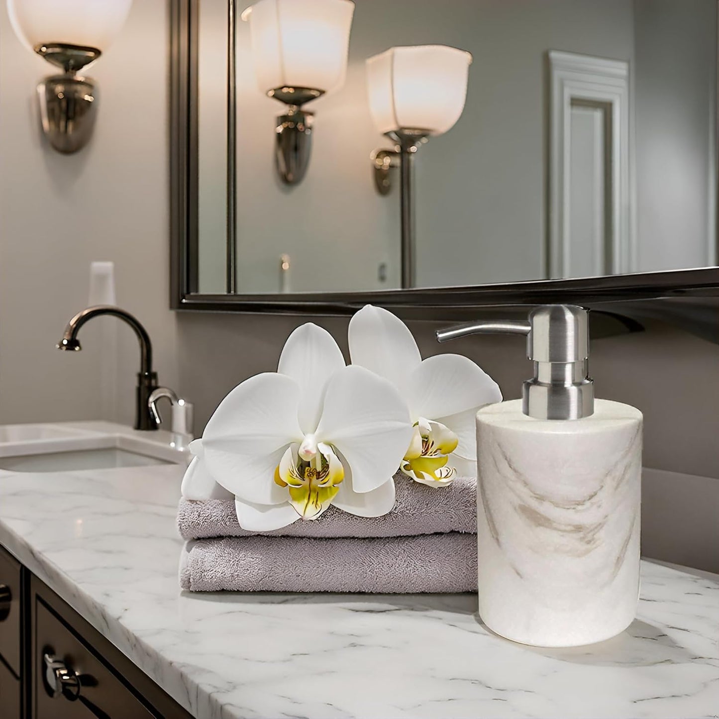 Marble Soap Dispenser, soap and Lotion Dispenser Bathroom, with Rust Proof Stainless Steel Pump Refillable for Kitchen Bathroom Countertop-Hand Lotion and Liquid Soap Dispenser-White