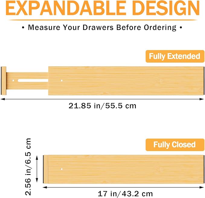 Bamboo Drawer Dividers Organizers, 2.56" High, 17"-21.8" Adjustable, 6 Pack - Image 2