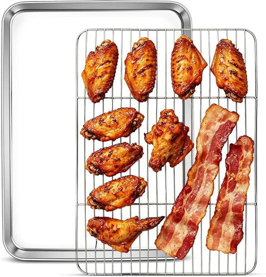 Herogo Baking Sheet with Wire Rack Set(1 Pans + 1 Racks), 16" x 12" x 1" Stainless Steel Jelly Roll Pan with Cooling Rack Set for Baking & Roasting, Non Toxic & Easy Clean by Herogo