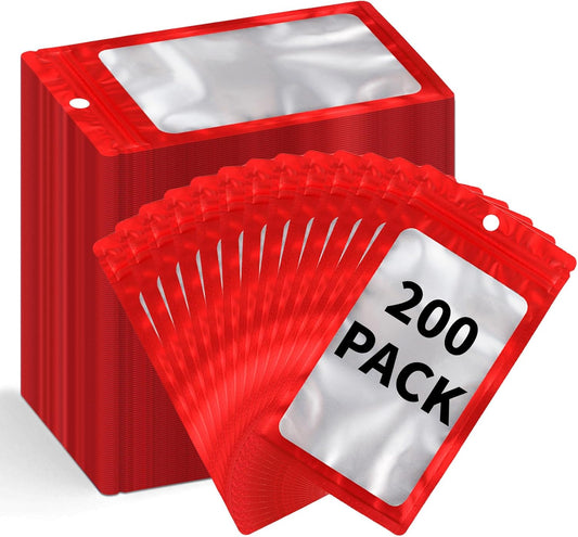 200 Pack Resealable Mylar Holographic Bags Food Storage Smell Proof Bags with Front Window Foil Packaging Pouch for Candy Sample Jewelry Small Business 3.54×6.29 Inch, Red