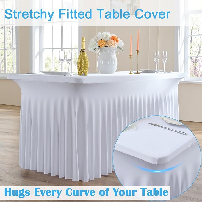 CO-AVE 2pack White Spandex Table Skirt for 6 Foot Rectangle Tables, Wrinkle Free 6FT Stretchy Fitted Table Covers Cloths for Weddings Birthday Party Events Banquette Baby Shower - Image 3