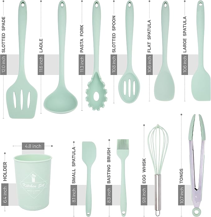 K & G Silicone Cooking Utensils Set of 11 Pieces Food Grade, Heat Resistant Green Kitchen Utensils Set Non-Stick Dishwasher Safe, Odourless and Cookware Friendly utensils - Image 2