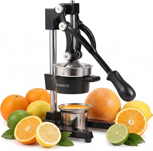 Manual Cast Iron Lemon Squeezer, Black Citrus Juicer | Detachable Cone, Free Stainless Steel Cup, Extracts Juice from Lemons, Oranges and Grapefruits, Easy to Clean by BAMBROX