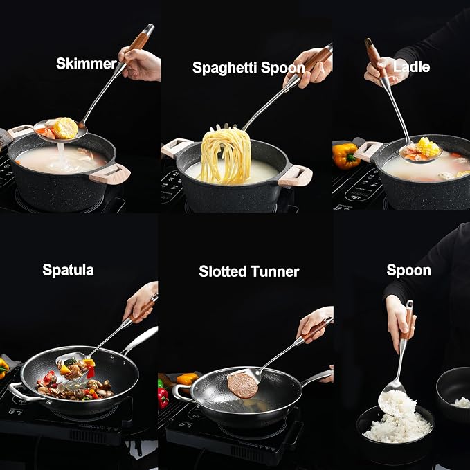Stainless Steel Kitchen Utensils Set for Cooking Wooden Handle | 304-Healthy;Wooden handle-Anti-scald;Good length,hanging hole-Easy to store;Includes everything from spatulas to a masher - Image 2