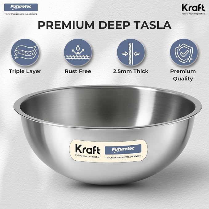 Kraft Futuretec Triply Tasla Stainless Steel Extra Deep 5.5L 30cm 3 Ply 2.5mm Thick Deep Kadai for Cooking/Induction and Gas Base - Image 5
