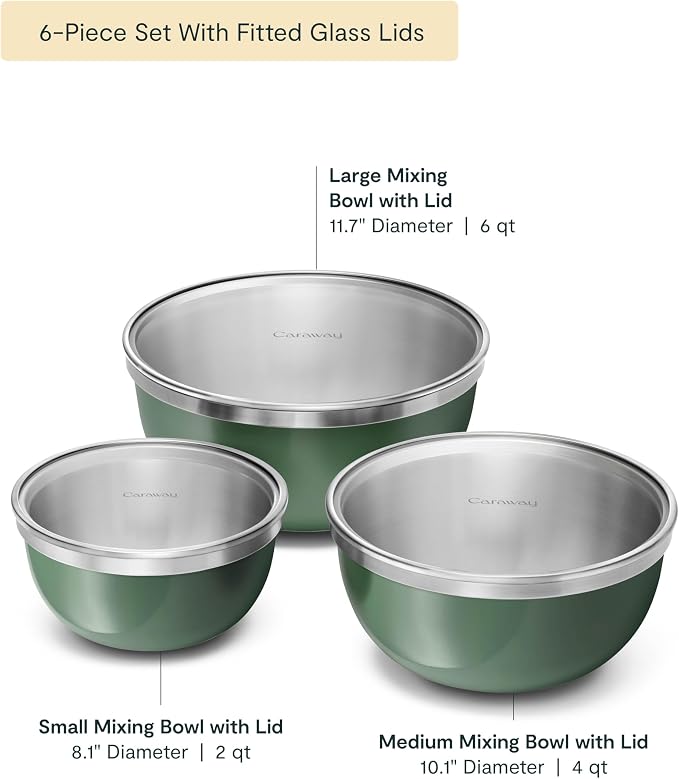 Caraway 6-Piece Stainless Steel Mixing Bowl Set with Glass Lids - Image 2