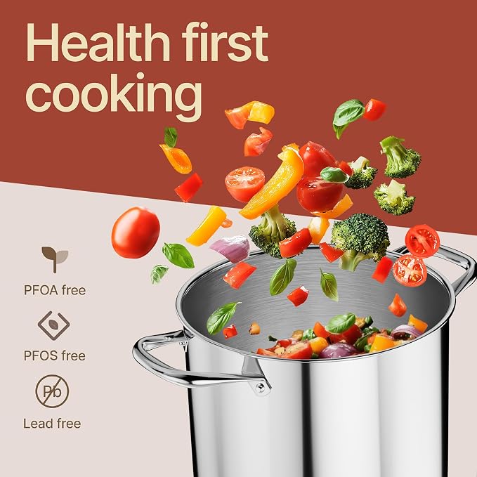 Stainless Steel Stockpot with Tempered Glass Lid 16 Quart, Durable 18/0 Stainless Steel, Impact-Bonded Base for Even Heating, Riveted Handles, Oven & All Stove Compatible, Safe Up To 500°F (260°C) - Image 6