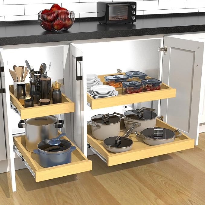 2 Tier Pull Out Cabinet Organizer, 17"W x 21"D Solid Wood Heavy-Duty Base Bottom Assembly Slide out Drawer Shel Cabinet Organization for Kitchen, Pantry, Bathroom - Image 6