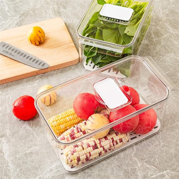 Slideep Refrigerator Food Storage Containers, Produce Saver Stackable Container with Lids & Removable Drain Tray, Freezer Bins Stay Fresh Lettuce Salad Container for Fridge - Image 2