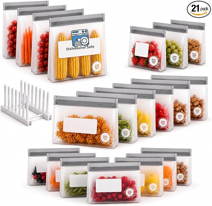 Reusable Food Storage Bags – 21-Pack Stand-Up, BPA-Free, Freezer, Dishwasher Safe & Eco-Friendly – 4 Gal, 6 L, 7 M, 3 S + Rack – Airtight Leakproof Sandwich, Snack, and Meal Prep Bags (Grey) by DoubleQuableZip-it