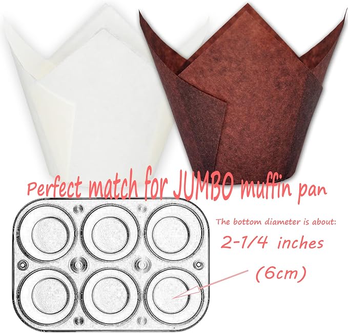 (Jumbo Extra Large size) Brown+White Tulip Baking Cups 2-1/4"(Base diameter) x 3-3/4"(Wall height) Greaseproof paper baking cupcake Muffin liners, Case of 130 pcs - Image 3