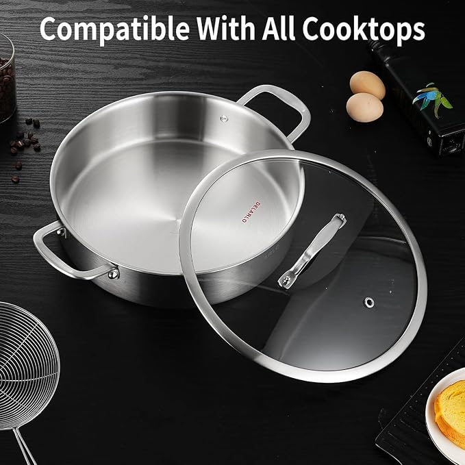 DELARLO 8QT Tri-Ply Stainless Steel Saute Pan With Lid, Jumbo Cooker 13 Inch Deep Frying Pan, Induction Large Skillet, Cooker Pan for Chefs, Dishwasher & Oven Safe - Image 6