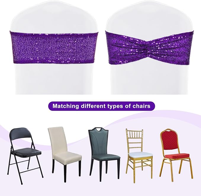 SquarePie Sequin Chair Sashes Bows 10 Pack Purple Shiny Chair Cover Bands for Wedding Banquet Party Decor - Image 7