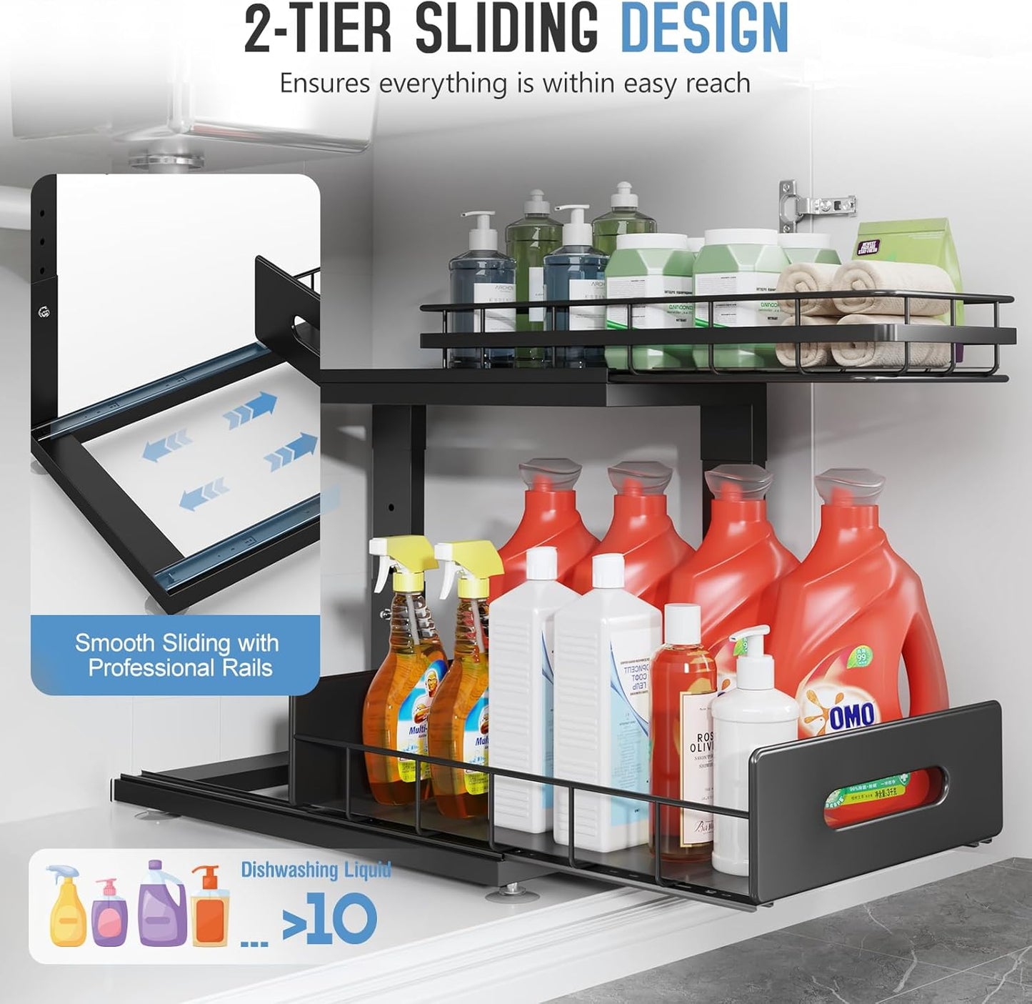 1 Pack Under Sink Organizer Upgrade To Professional Rails,2-Tier Dual Pull Out Cabinet Storage,Height Adjustable Slide Out Drawers For Bathroom Kitchen,Under Sink Shelf-Black