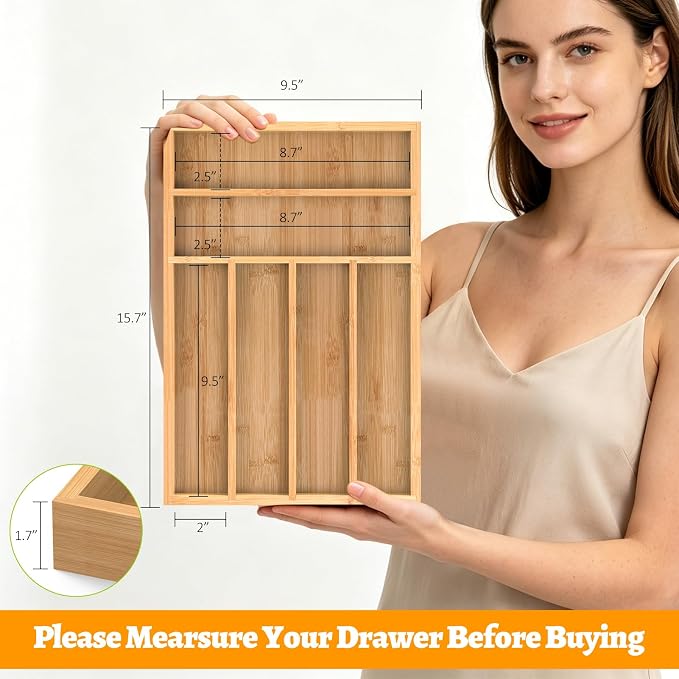 Bamboo Silverware Drawer Organizer, 6 Slots Kitchen Drawer Tray | Bamboo Kitchen Drawer Cutlery Organizer, Utensil Holder, Flatware Organizer Tray (9.5"x15.7"x1.7"), Natural - Image 3