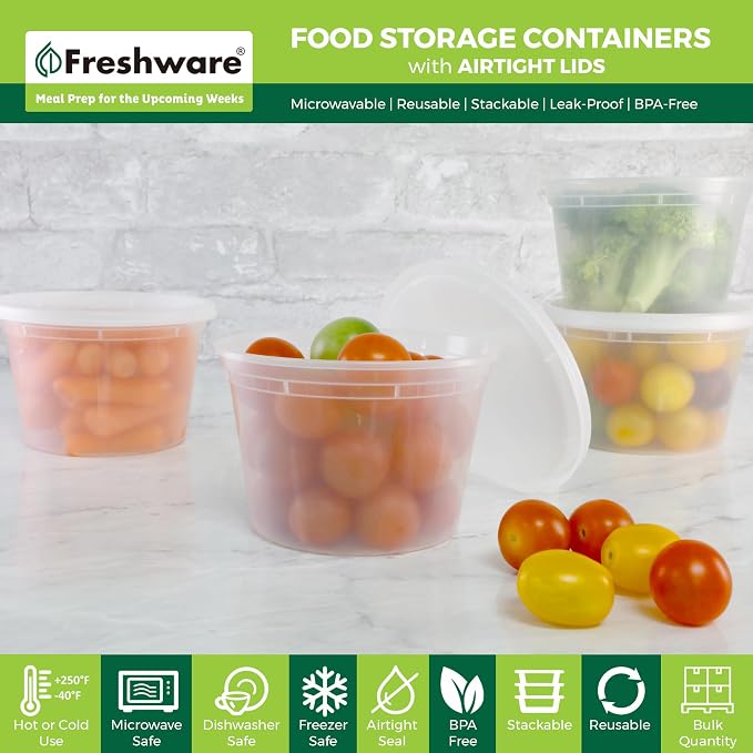 Freshware Food Storage Containers [36 Set] 16 oz Plastic Deli Containers with Lids, Slime, Soup, Meal Prep Containers | BPA Free | Stackable | Leakproof | Microwave/Dishwasher/Freezer Safe - Image 2
