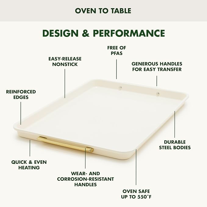 GreenPan Bakeware 13"x18" Half Baking Sheet Pan, Ceramic Nonstick Baking Pan, PFAS & BPA Free, Gold Handles, Durable Steel, Versatile & Space Saving Ovenware, Freezer to Oven Dish, Cream - Image 4