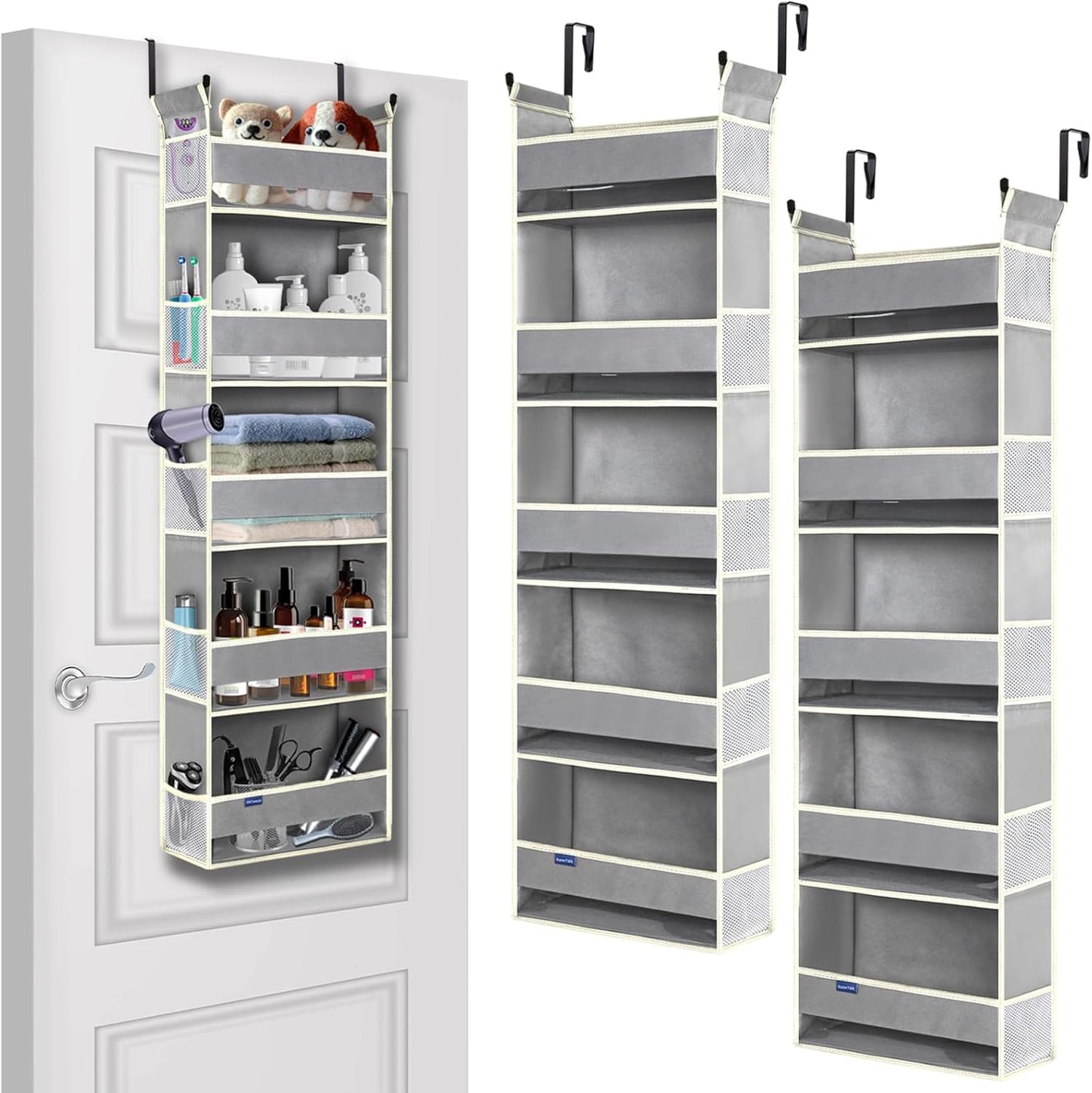 2 Pack Over The Door Hanging Organizer 5-Shelves and 10 Side Pockets, Over The Door Storage for Bathroom and Bedroom, Back of Door Organizers for Baby Products and Kid's Toys(13"x5"x44" Grey)