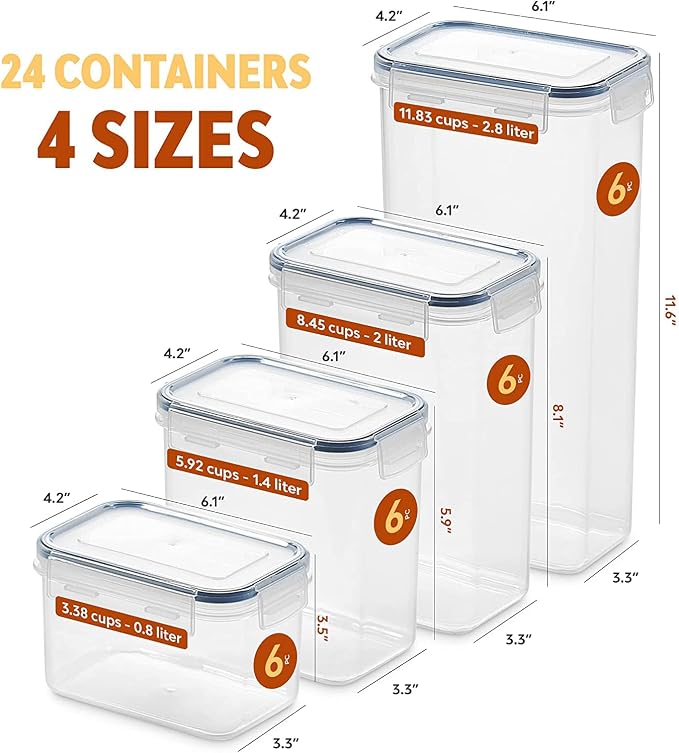 24 Pack Airtight Food Storage Container Set - BPA Free Clear Plastic Kitchen and Pantry Organization Canisters with Durable Lids for Cereal, Dry Food Flour & Sugar - Labels, Marker & Spoon Set - Image 2