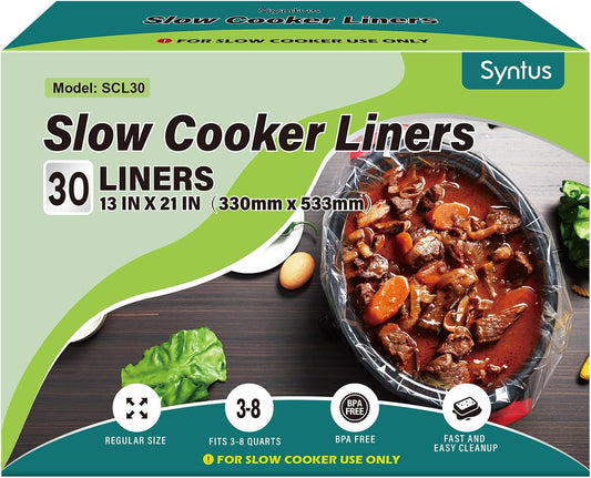 Syntus Slow Cooker Liners, 30 Count Cooking Bags Large Size Disposable Pot Liners Plastic Bags, Fit 3QT to 8QT for Slow Cooker Cooking Trays, 13"x 21", 30 Liners