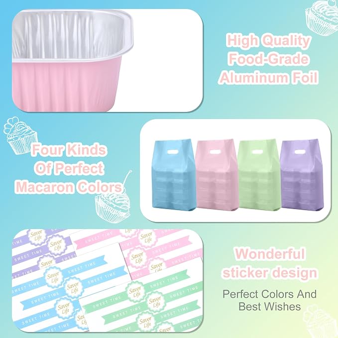 424 Pcs Macaron Mini Cake Pans with Lids Spoons | Back to School, Disposable, 100 5oz Aluminum Foil Baking Pans, 100 Lids 100 Spoons 100 Sealing Stickers 24 Gift Bags, Desser - Image 3