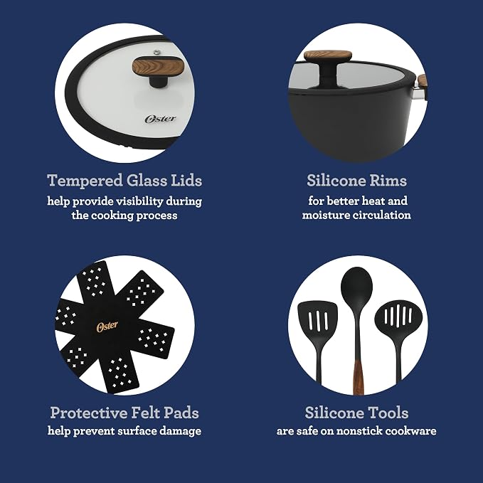 Oster Platinum Oxburg 14 Piece Forged Aluminum PFA Free Non-toxic Premium Ceramic Non Stick Interior Cookware & Kitchen Tools Set - Black w/Wood Handles - Image 6