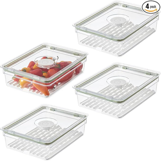 iDesign Large Fridge Produce Bin with Removable Drainage Tray and Lid - Set of 4 - Clear/White by iDesign