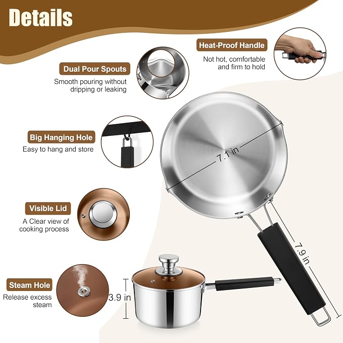 E-far 3 Quart Sauce Pan with Lid, Stainless Steel Tri-Ply Clad Cooking Pot - Image 2